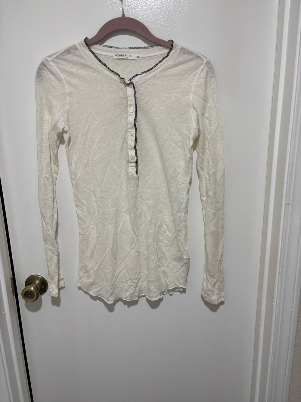 Stateside Cream Long-Sleeve Henley with Contrast Trim